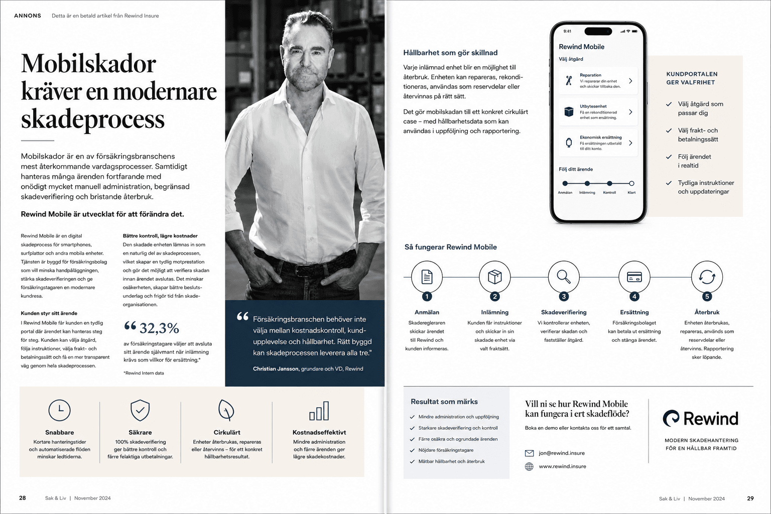 Magasin-uppslag om Rewind Mobile — modernare skadeprocess