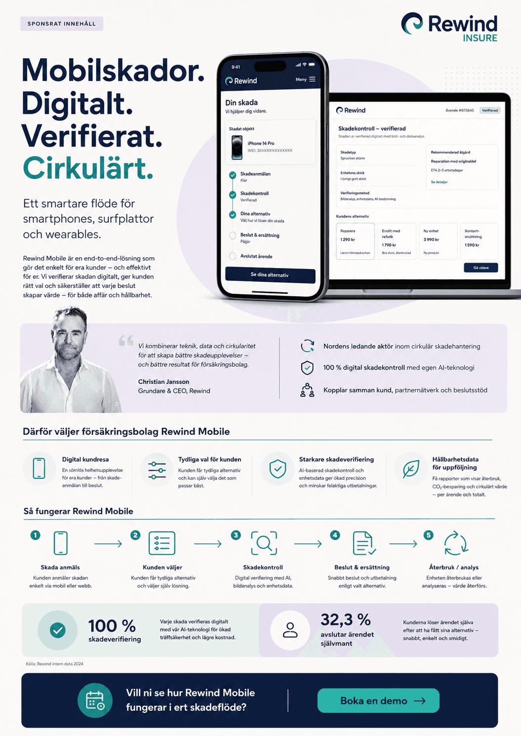 Rewind Mobile onepager med statistik — Mobilskador. Digitalt. Verifierat. Cirkulärt.