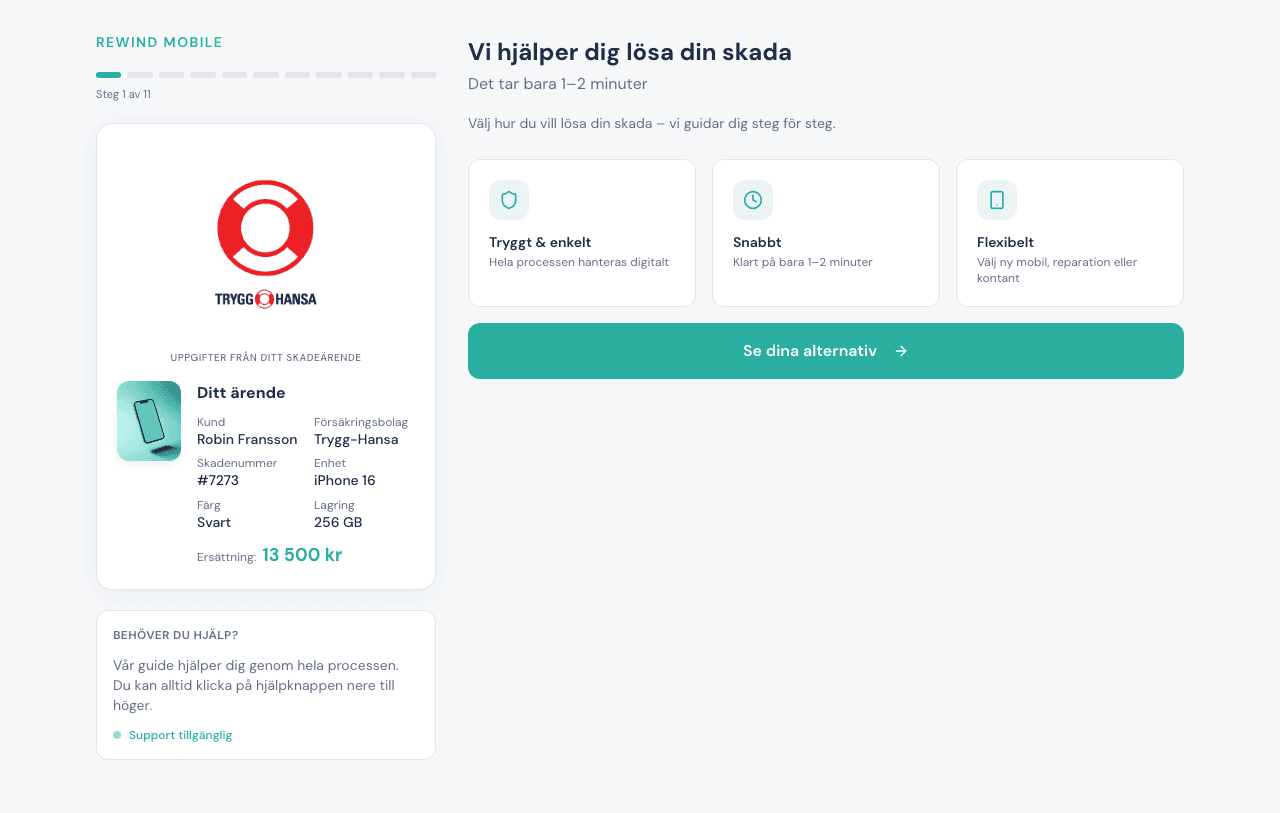 Rewind Mobile-appen — startskärm med ärendekort och tre lösningsvägar